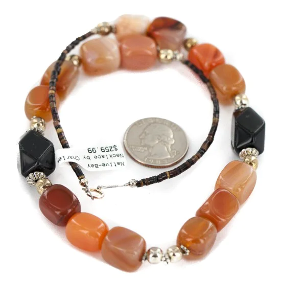 .925 Sterling Silver Certified Authentic Navajo Natural Carnelian Black Onyx Native American Necklace 750247 .925 Sterling Silver Certified Authentic Navajo Natural Carnelian Black Onyx Native American Necklace 750247