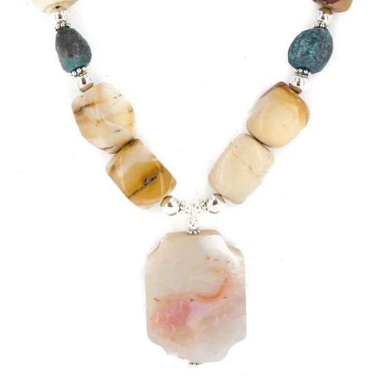 .925 Sterling Silver Certified Authentic Navajo Natural Turquoise Agate Jasper Native American Necklace 750246-1