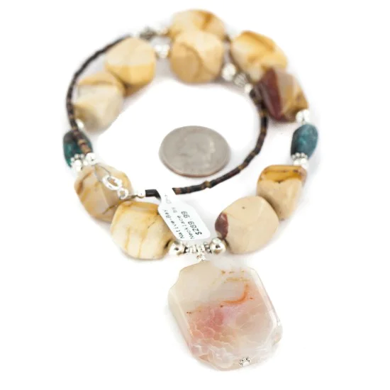 .925 Sterling Silver Certified Authentic Navajo Natural Turquoise Agate Jasper Native American Necklace 750246-1