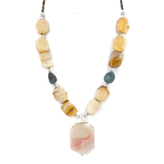 .925 Sterling Silver Certified Authentic Navajo Natural Turquoise Agate Jasper Native American Necklace 750246-1