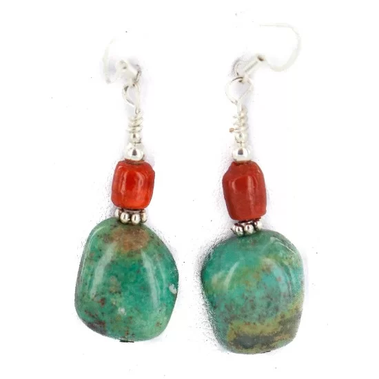 .925 Sterling Silver Hooks Certified Authentic Navajo Natural Turquoise Coral Native American Dangle Earrings 18294-10