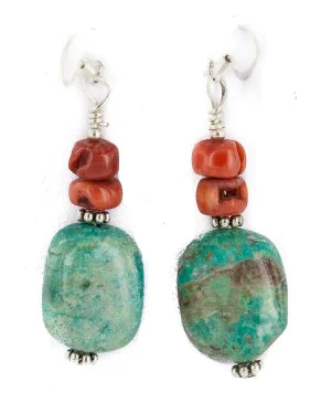 .925 Sterling Silver Hooks Certified Authentic Navajo Natural Turquoise Coral Native American Dangle Earrings 18294-18