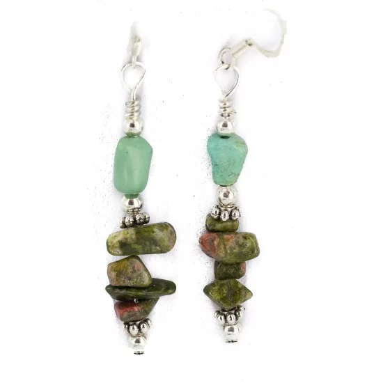 .925 Sterling Silver Hooks Certified Authentic Navajo Natural Turquoise Green Jasper Native American Dangle Earrings 18294-9 .925 Sterling Silver Hooks Certified Authentic Navajo Natural Turquoise Green Jasper Native American Dangle Earrings 18294-9