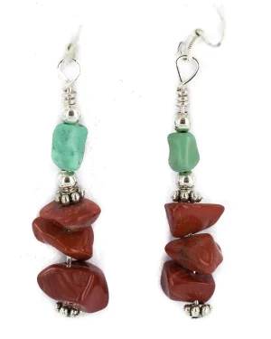 .925 Sterling Silver Hooks Certified Authentic Navajo Natural Turquoise Red Jasper Native American Dangle Earrings 18294-5