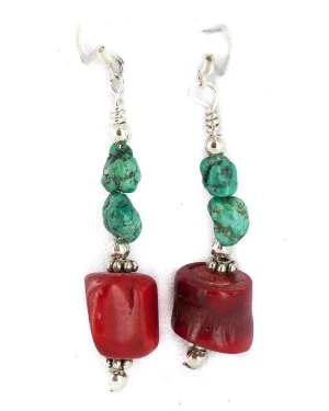 .925 Sterling Silver Hooks Navajo Certified Authentic Natural Turquoise Coral Native American Dangle Earrings 18294-4