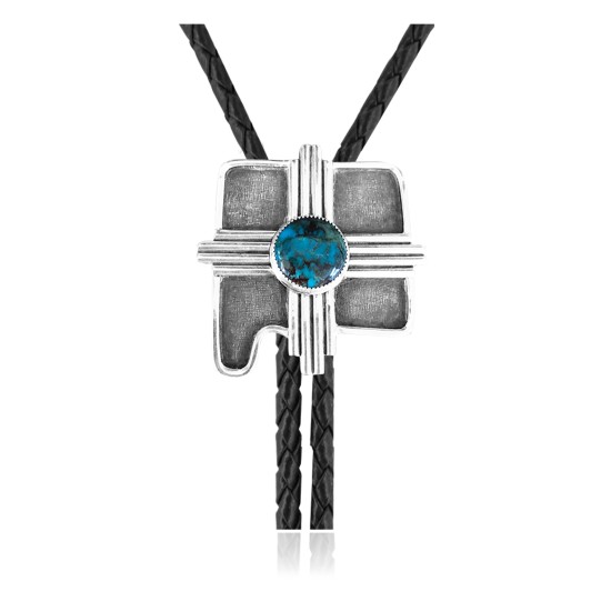 Cross .925 Sterling Silver Certified Authentic Handmade Navajo Native American Natural Turquoise Bolo Tie 34267