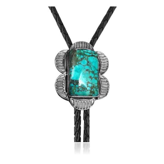 Flower .925 Sterling Silver Certified Authentic Handmade Navajo Native American Natural Turquoise Bolo Tie 34259