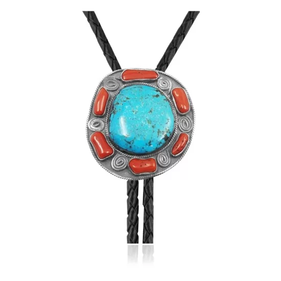 Handmade Certified Authentic Navajo .925 Sterling Silver Native American Natural Turquoise Coral Bolo Tie 34280 Handmade Certified Authentic Navajo .925 Sterling Silver Native American Natural Turquoise Coral Bolo Tie 34280