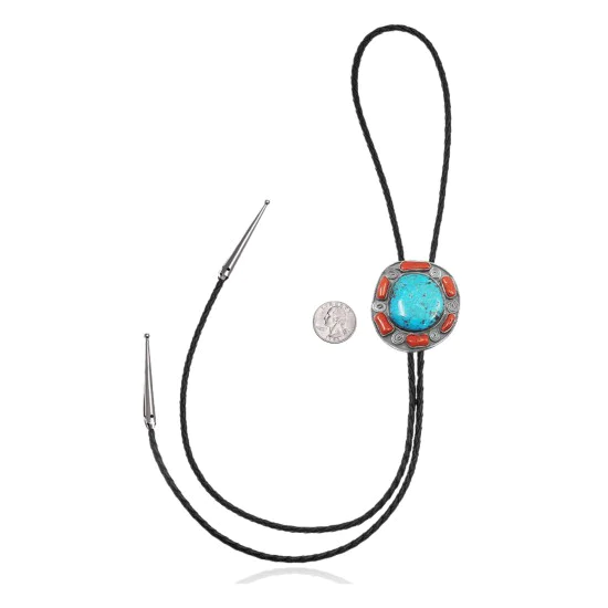 Handmade Certified Authentic Navajo .925 Sterling Silver Native American Natural Turquoise Coral Bolo Tie 34280 Handmade Certified Authentic Navajo .925 Sterling Silver Native American Natural Turquoise Coral Bolo Tie 34280