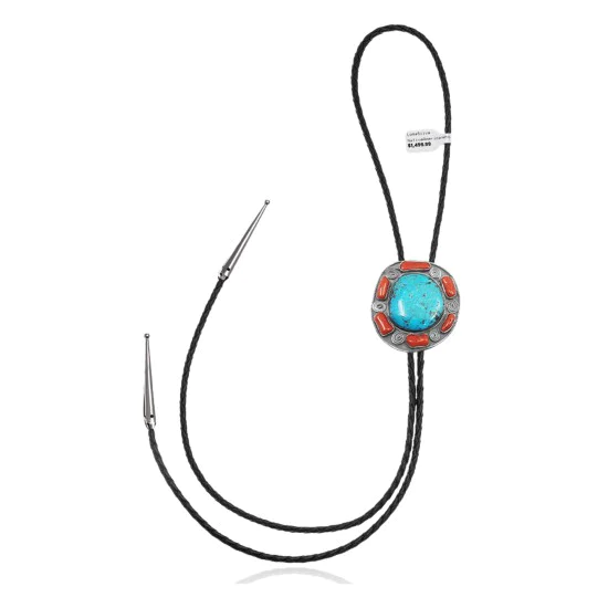 Handmade Certified Authentic Navajo .925 Sterling Silver Native American Natural Turquoise Coral Bolo Tie 34280 Handmade Certified Authentic Navajo .925 Sterling Silver Native American Natural Turquoise Coral Bolo Tie 34280