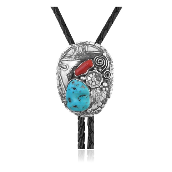 Feather .925 Sterling Silver Certified Authentic Handmade Navajo Native American Natural Turquoise Coral Bolo Tie 34284