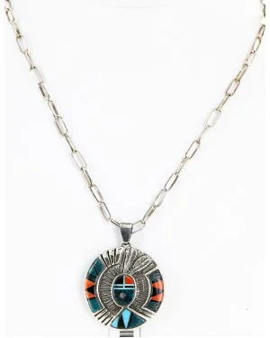 .925 Sterling Silver Handmade Certified Authentic Navajo Inlaid Natural Turquoise Coral Black Onyx Native American Necklace Pin 14728-10310 .925 Sterling Silver Handmade Certified Authentic Navajo Inlaid Natural Turquoise Coral Black Onyx Native American Necklace Pin 14728-10310