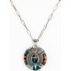 .925 Sterling Silver Handmade Certified Authentic Navajo Inlaid Natural Turquoise Coral Black Onyx Native American Necklace Pin 14728-10310