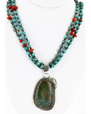 .925 Sterling Silver Handmade Certified Authentic Navajo Natural Turquoise Coral Native American Necklace 14984-15777 .925 Sterling Silver Handmade Certified Authentic Navajo Natural Turquoise Coral Native American Necklace 14984-15777