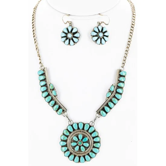 Handmade Certified Authentic Navajo .925 Sterling Silver Natural Turquoise Set Native American Necklace Earrings 15789-14644