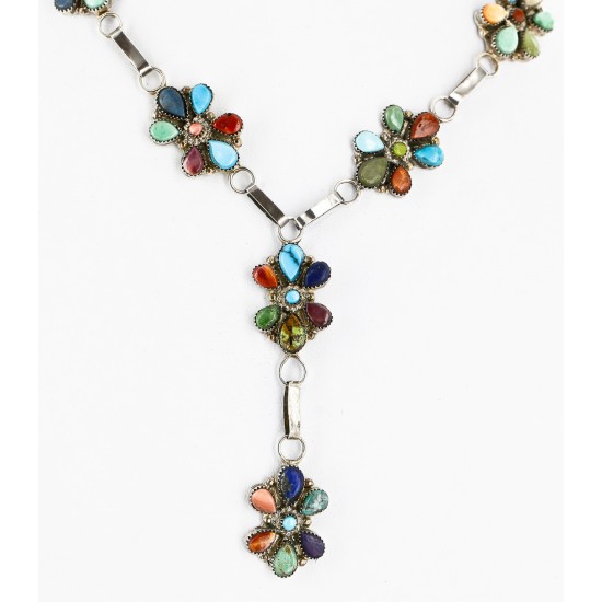 Petit Point Handmade Zuni .925 Sterling Silver Multicolor Stones and Turquoise Native American Necklace 15903 Petit Point Handmade Zuni .925 Sterling Silver Multicolor Stones and Turquoise Native American Necklace 15903