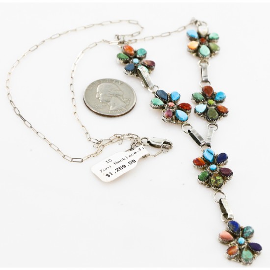 Petit Point Handmade Zuni .925 Sterling Silver Multicolor Stones and Turquoise Native American Necklace 15903 Petit Point Handmade Zuni .925 Sterling Silver Multicolor Stones and Turquoise Native American Necklace 15903
