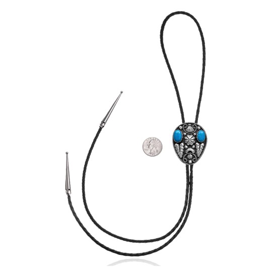 Sun, Mountain .925 Sterling Silver Certified Authentic Handmade Navajo Native American Natural Turquoise Bolo Tie 34301 All Products NB180620190715 34301 (by LomaSiiva)