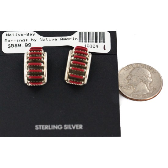 .925 Sterling Silver Certified Authentic Zuni Signed Coral Native American Stud Earrings  18304-1 All Products NB160602225517 18304-1 (by LomaSiiva)