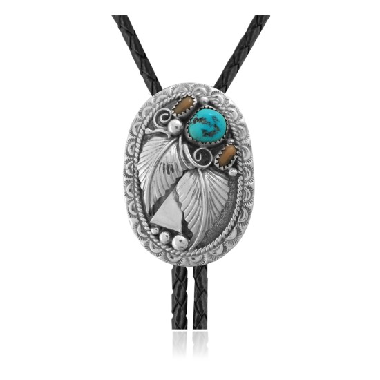 Feather Sun .925 Sterling Silver Certified Authentic Handmade Navajo Native American Natural Turquoise Bolo Tie 34307 All Products NB180620190720 34307 (by LomaSiiva)