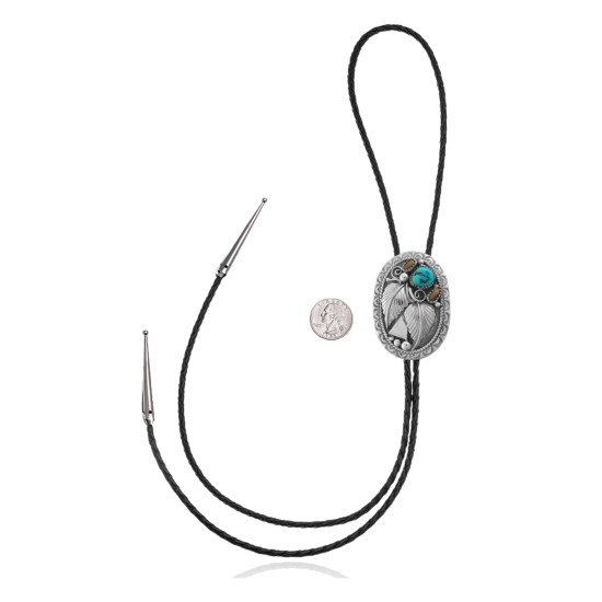 Feather Sun .925 Sterling Silver Certified Authentic Handmade Navajo Native American Natural Turquoise Bolo Tie 34307 All Products NB180620190720 34307 (by LomaSiiva)
