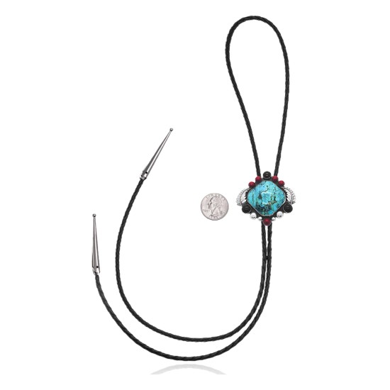 Feather .925 Sterling Silver Certified Authentic Handmade Navajo Native American Natural Turquoise Coral Black Onyx Bolo Tie 34320 All Products NB180620190731 34320 (by LomaSiiva)