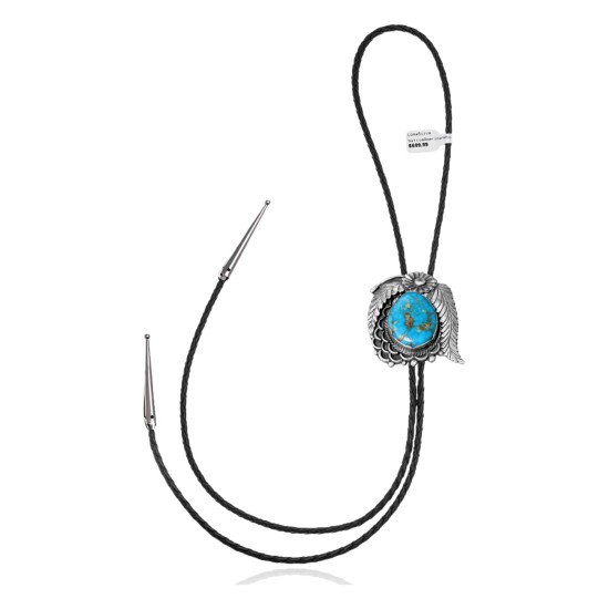 Flower Feather .925 Sterling Silver Certified Authentic Handmade Navajo Native American  Natural Turquoise Bolo Tie 34332 All Products NB180620190741 34332 (by LomaSiiva)