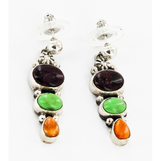 Handmade Navajo .925 Sterling Silver Dangle Earrings with Sugilite, Gaspeite and Spiny Oyster 27165-3 Handmade Navajo .925 Sterling Silver Dangle Earrings with Sugilite, Gaspeite and Spiny Oyster 27165-3