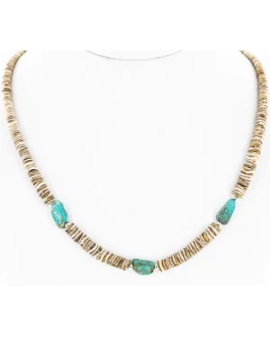 Certified Authentic Navajo .925 Sterling Silver Graduated Heishi and Spiny Oyster Turquoise Native American Necklace 16059
