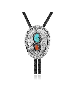 Flower Leaf .925 Sterling Silver Certified Authentic Handmade Navajo Native American Natural Turquoise Coral Bolo Tie 34337 Flower Leaf .925 Sterling Silver Certified Authentic Handmade Navajo Native American Natural Turquoise Coral Bolo Tie 34337