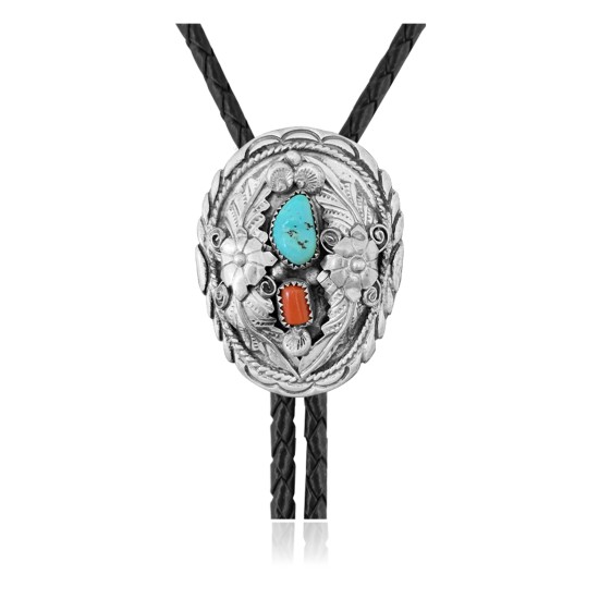 Flower Leaf .925 Sterling Silver Certified Authentic Handmade Navajo Native American Natural Turquoise Coral Bolo Tie 34337 All Products NB180620190744 34337 (by LomaSiiva)