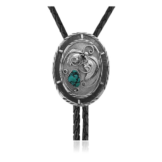 Leaf .925 Sterling Silver Certified Authentic Handmade Navajo Native American Natural Turquoise Bolo Tie 34342