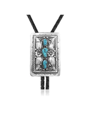 Flower Leaf .925 Sterling Silver Certified Authentic Handmade Navajo Native American Natural Turquoise Bolo Tie 34344 Flower Leaf .925 Sterling Silver Certified Authentic Handmade Navajo Native American Natural Turquoise Bolo Tie 34344