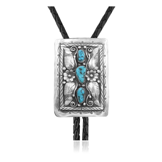 Flower Leaf .925 Sterling Silver Certified Authentic Handmade Navajo Native American Natural Turquoise Bolo Tie 34344