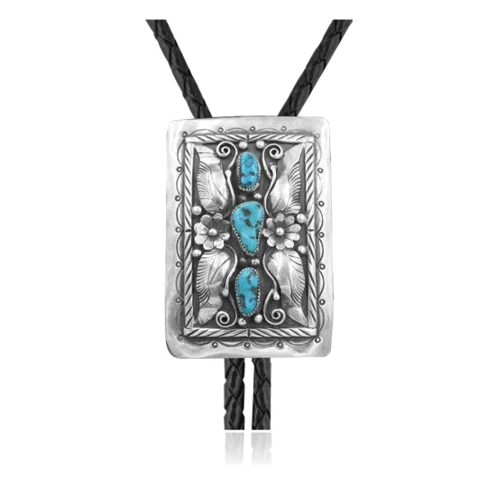Flower Leaf .925 Sterling Silver Certified Authentic Handmade Navajo Native American Natural Turquoise Bolo Tie 34344 Flower Leaf .925 Sterling Silver Certified Authentic Handmade Navajo Native American Natural Turquoise Bolo Tie 34344