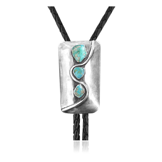 Wave .925 Sterling Silver Certified Authentic Handmade Navajo Native American Natural Turquoise Bolo Tie 34353