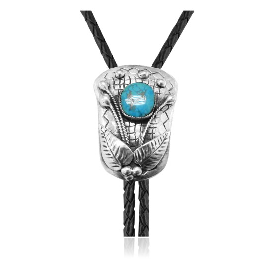 Leaf .925 Sterling Silver Certified Authentic Handmade Navajo Native American Natural Turquoise Bolo Tie 34355