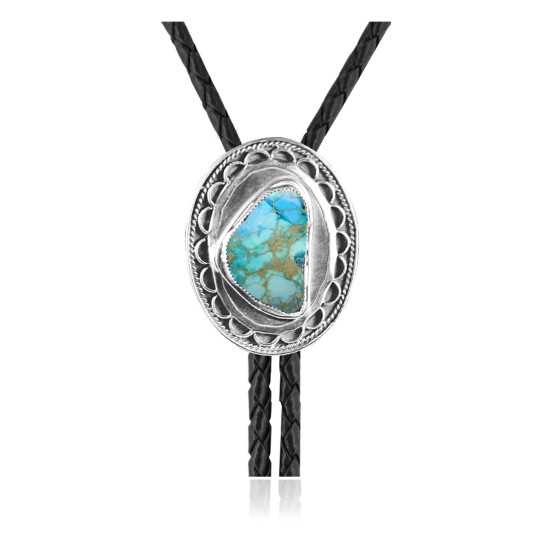 Sun .925 Sterling Silver Certified Authentic Handmade Navajo Native American Natural Turquoise Bolo Tie 34359