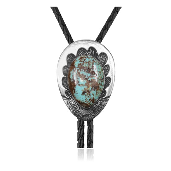 Leaf .925 Sterling Silver Certified Authentic Handmade Navajo Native American Natural Turquoise Bolo Tie 34365