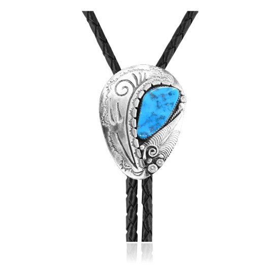 Leaf Swirl .925 Sterling Silver Certified Authentic Handmade Navajo Native American Natural Turquoise Bolo Tie 34366