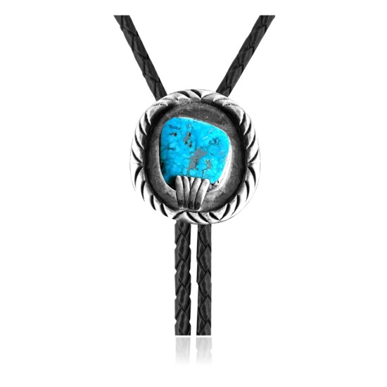Wave .925 Sterling Silver Certified Authentic Handmade Navajo Native American Natural Turquoise Bolo Tie 34370