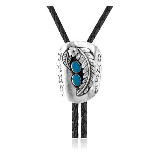 Leaf Feather .925 Sterling Silver Certified Authentic Handmade Navajo Native American Natural Turquoise Bolo Tie 34372