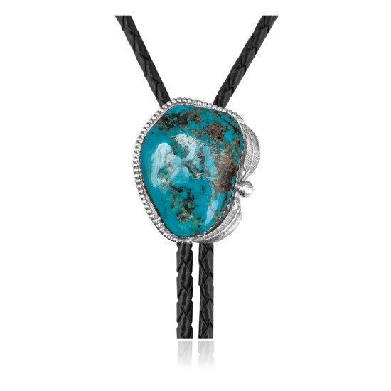 Feather .925 Sterling Silver Certified Authentic Handmade Navajo Native American Natural Turquoise Bolo Tie 34374