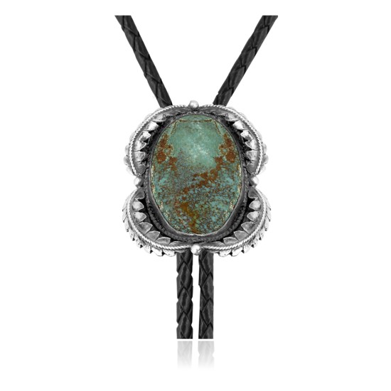 Leaf .925 Sterling Silver Certified Authentic Handmade Navajo Native American Natural Turquoise Bolo Tie 34376