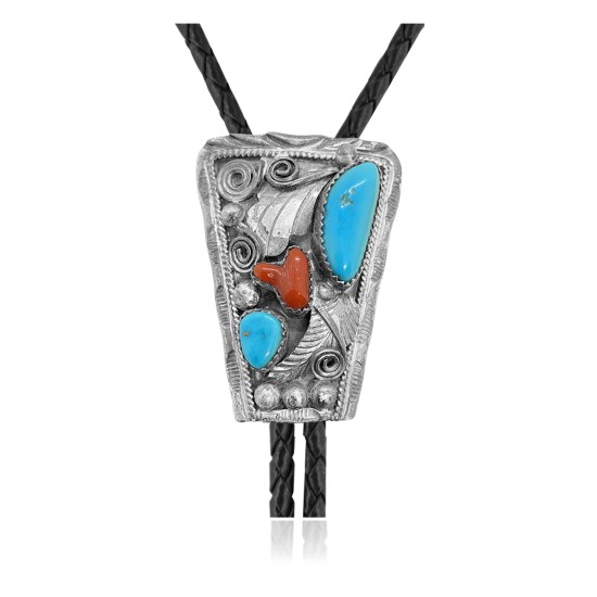 Leaf .925 Sterling Silver Certified Authentic Handmade Navajo Native American Natural Turquoise Coral Bolo Tie 34294