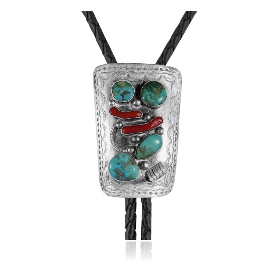 Wave .925 Sterling Silver Certified Authentic Handmade Navajo Native American Natural Turquoise Coral Bolo Tie 34299