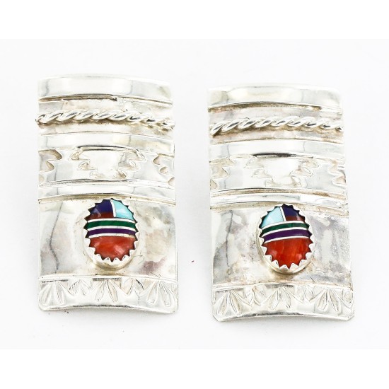.925 Sterling Silver Handmade Certified Authentic Navajo Inlaid Natural Turquoise Multicolor Stud Native American Earrings 27177-4 .925 Sterling Silver Handmade Certified Authentic Navajo Inlaid Natural Turquoise Multicolor Stud Native American Earrings 27177-4