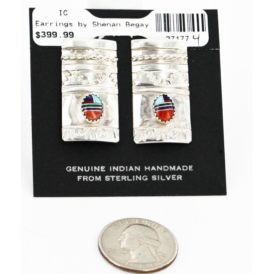 .925 Sterling Silver Handmade Certified Authentic Navajo Inlaid Natural Turquoise Multicolor Stud Native American Earrings 27177-4 .925 Sterling Silver Handmade Certified Authentic Navajo Inlaid Natural Turquoise Multicolor Stud Native American Earrings 27177-4