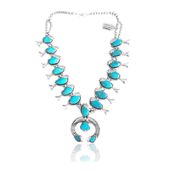 Squash Blossom .925 Sterling Silver Certified Authentic Navajo Native American Natural Turquoise Necklace 35101 All Products NB848909285528 25528 (by LomaSiiva)