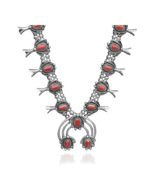Squash Blossom .925 Sterling Silver Certified Authentic Navajo Native American Coral Necklace 35103